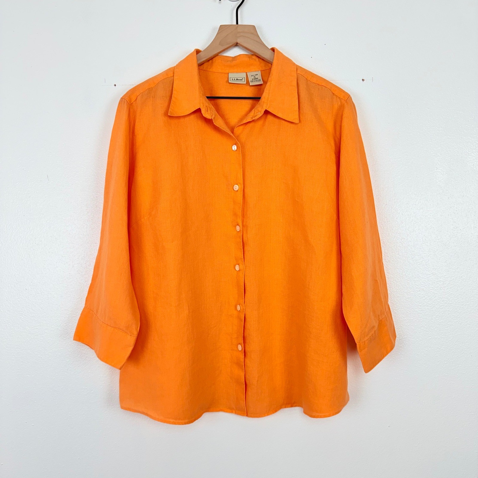 LL Bean 100% Linen Button Down Shirt Womens XL Orange 3/4 Sleeve Classic Fit