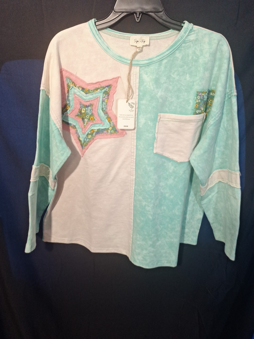 Sage + Fig Boho Sweatershirt Green White Pink Patches Long Sleeve Small 1…