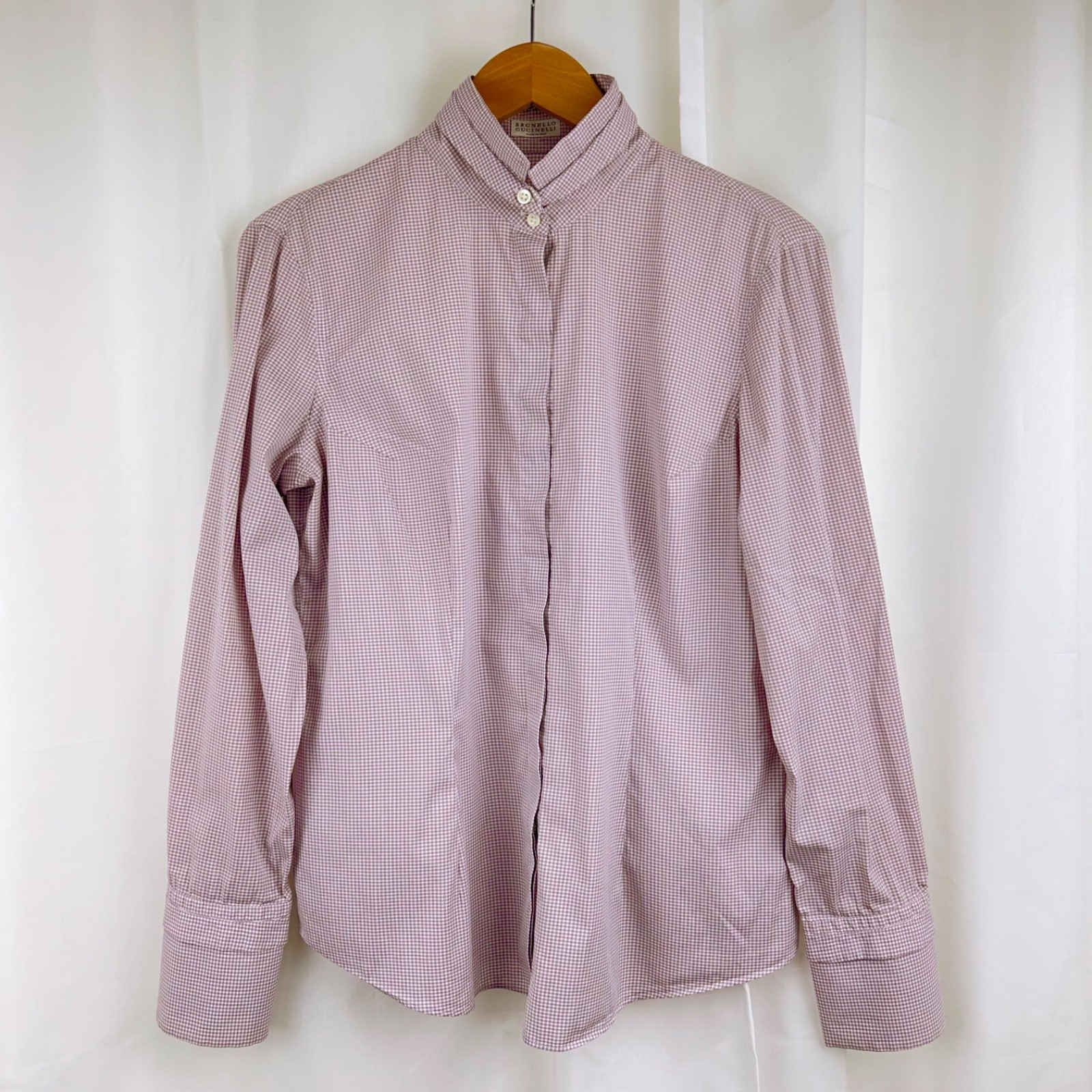 Brunello Cucinelli Slim Fit Shirt Button Detail Collar +Cuffs Mauve Gingham XL