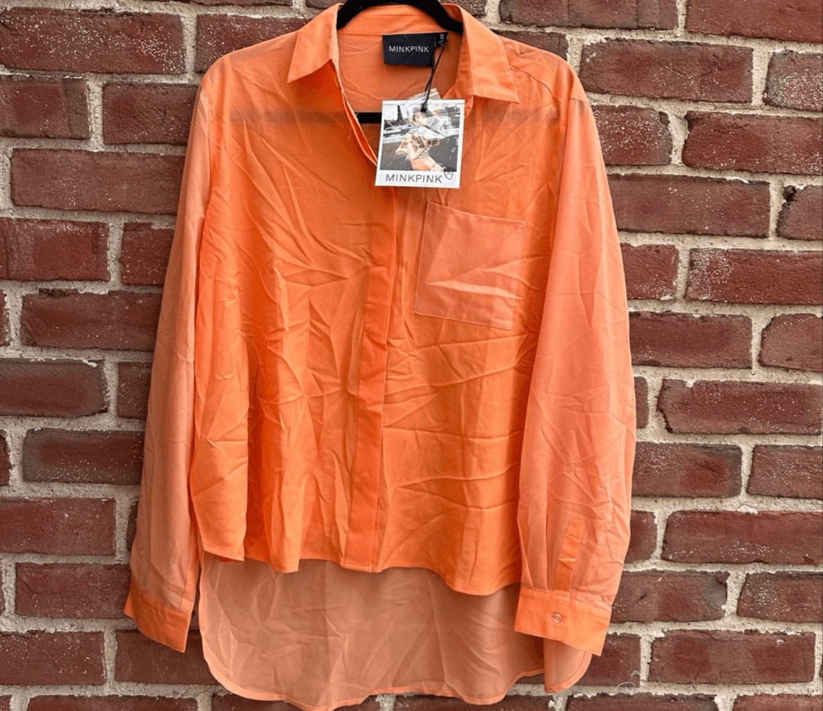 MINKPINK Oversized Button Front Shirt Orange High Low Boxy women’s Medium NWT