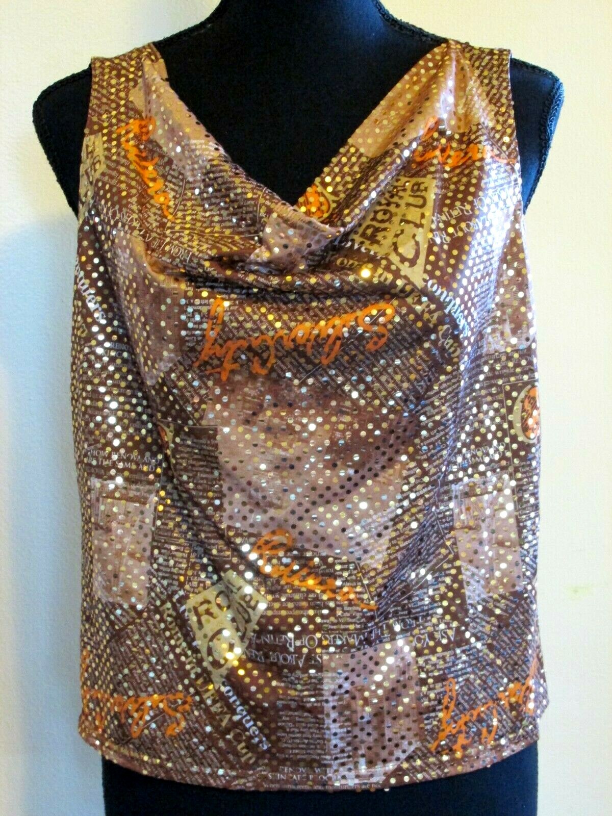 NEW MIXIT Crossover Blouse Women Medium Brown Gold Graphics Stretch VTG 90’s Y2K