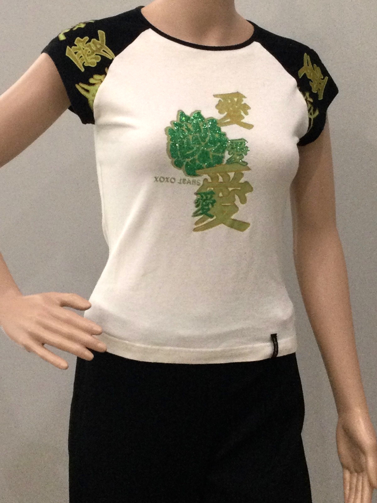 Vintage XOXO Jeans Y2K Graphic Cap Sleeve Baby Tee Top Glitter Asian M USA