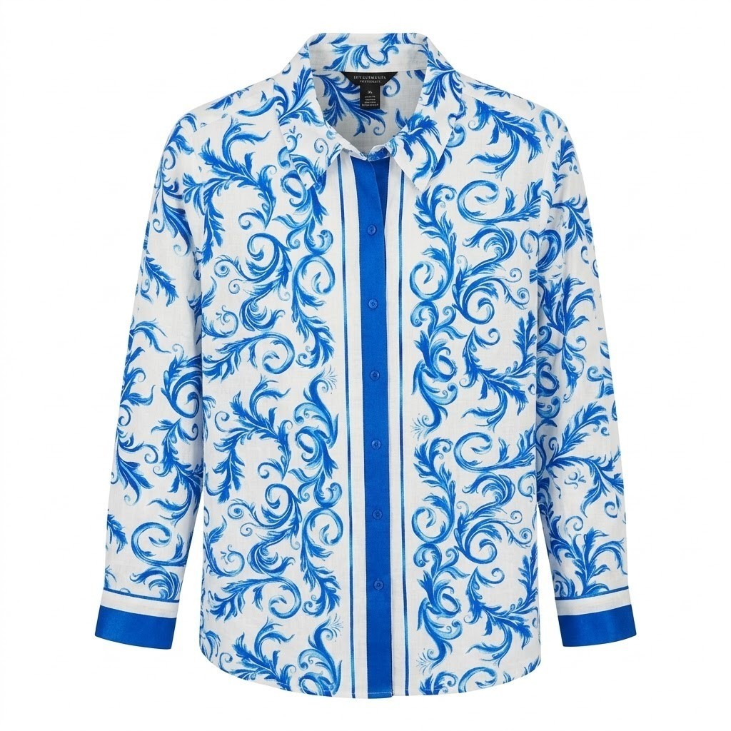 NEW Investments Woman 3X Blue White Scroll Stretch Linen Button Down Shirt