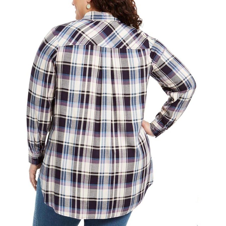 Style & Co Womens Plus 1X Grape Blue Plaid Long Sleeve Button Up Top NWT DF68