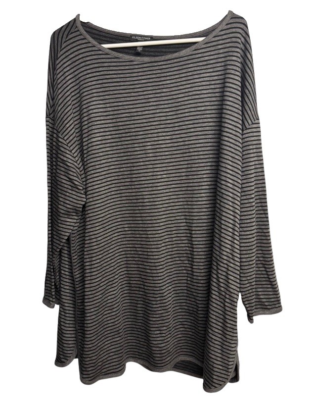 Eileen Fisher Black Gray Striped Tencel Tunic Shirt Womens Plus 1X