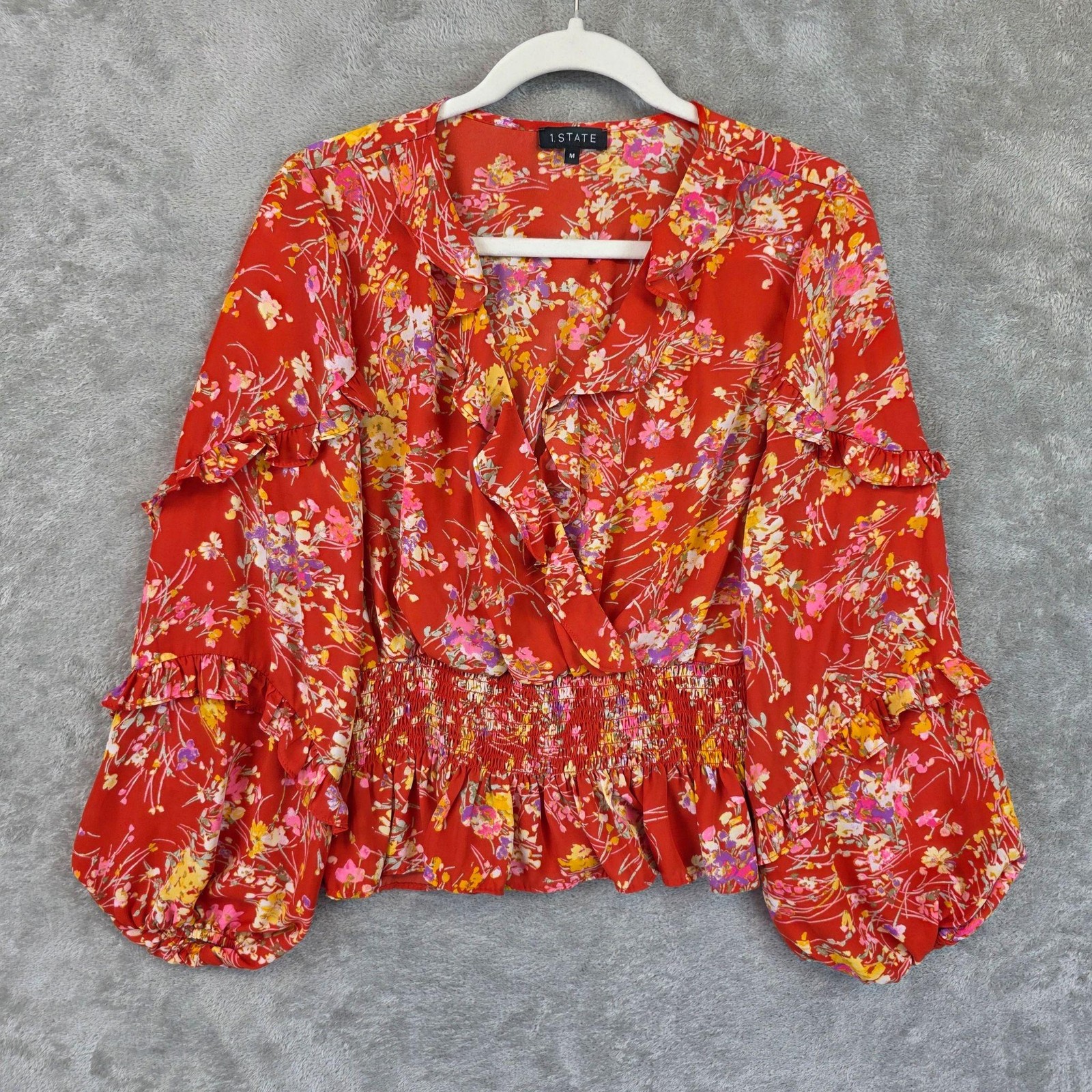 1. STATE Blouse Womens M Red V Neck Long Balloon Sleeve Floral Smocked Cropped