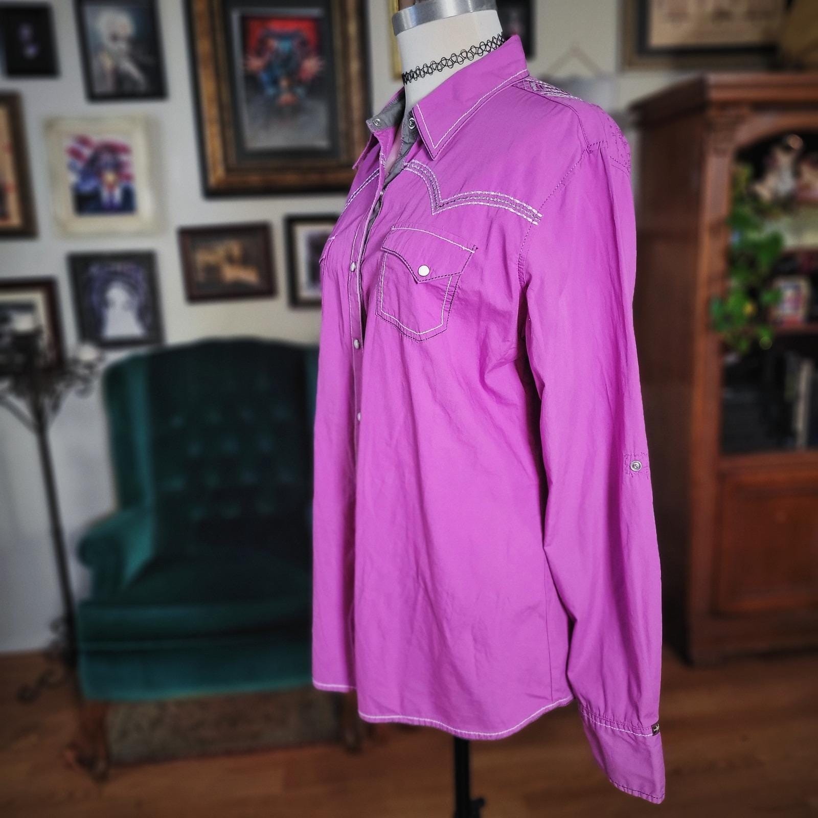 Cowgirl Up Western Shirt Vintage Y2K Purple Embroidered Snap Front Long Sleeve
