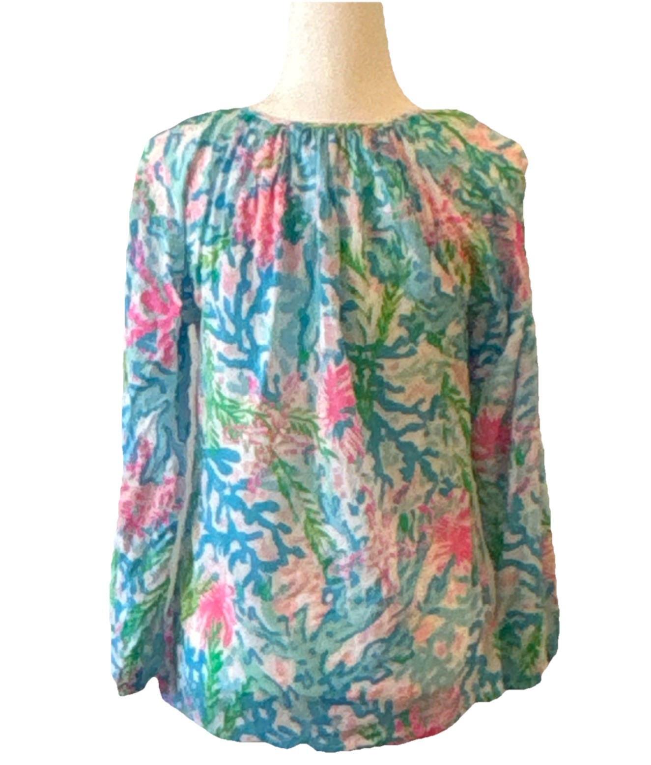 Lilly Pulitzer 100% Rayon Floral Blue/Pink/Green Pullover Long Sleeve Blouse S