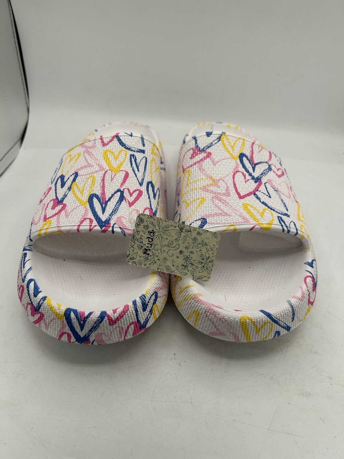 Mudd Women’s Slide Sandals White Multicolor Heart Print Slip On US 11 BNWT!
