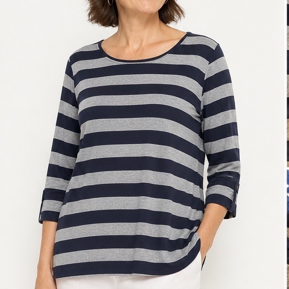 J. Jill Wearever XL Navy Gray Striped 3/4 Sleeve Scoop Neck Top Rayon Spandex