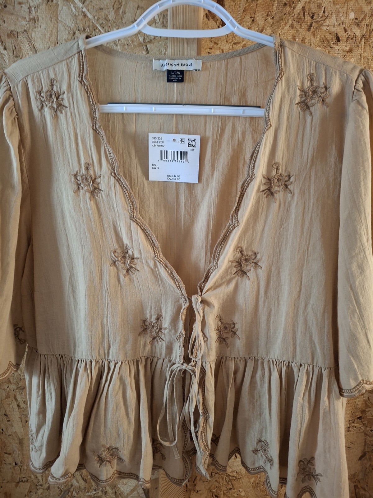 American Eagle Tie-Front Embroidered Top Large Light Brown NWT