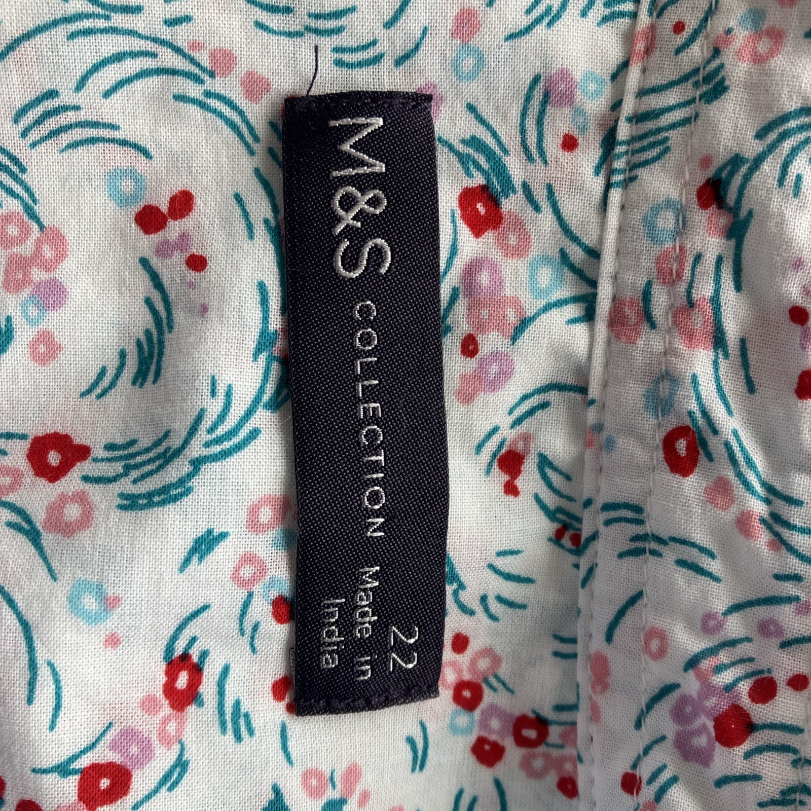 M&S Collection Floral Cotton Blouse UK22 White/Pink/Red Roll Tab Sleeve Pleats