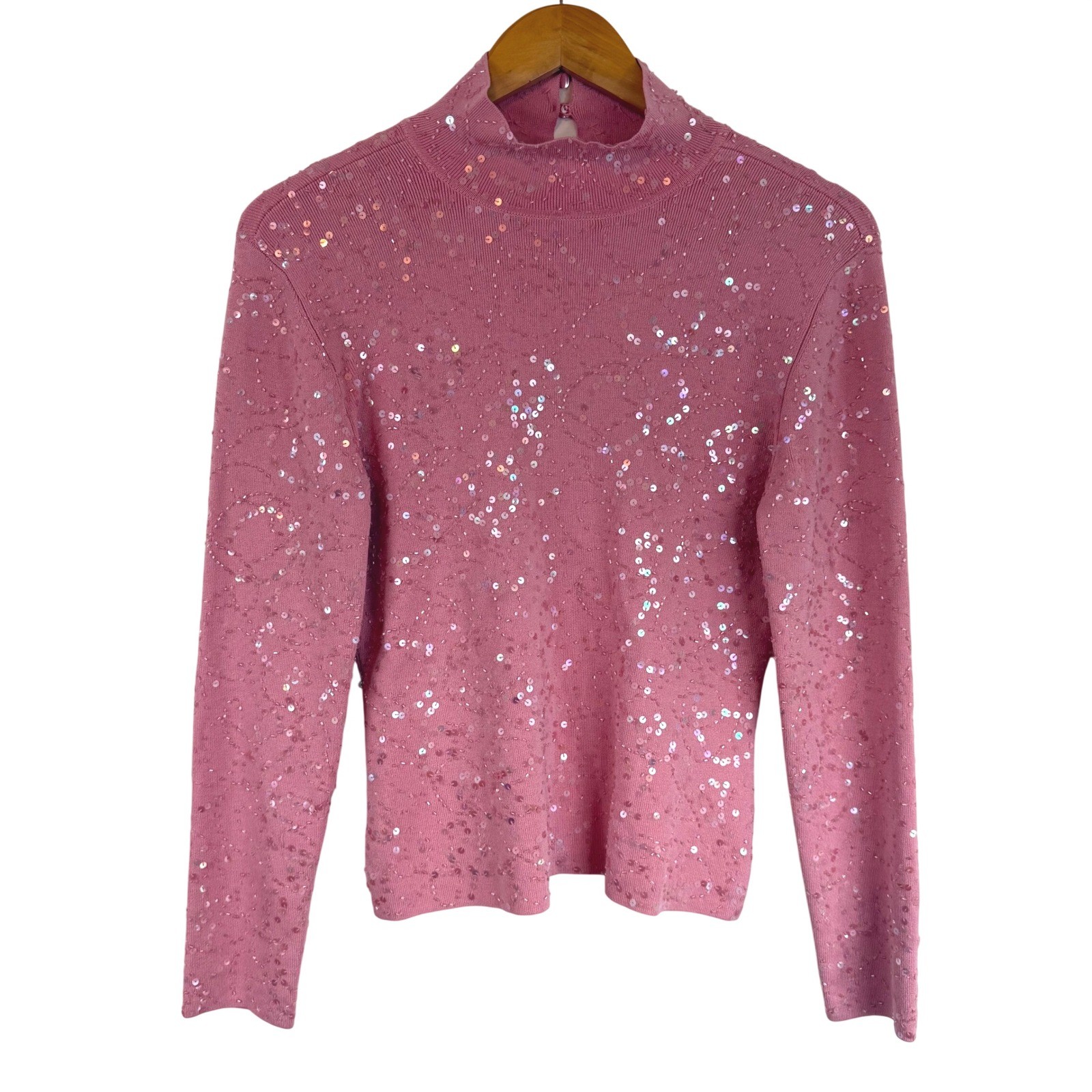 Vintage Classiques Entier Sequin Silk Sequin Beaded Top Pink Mock Neck Y2K M