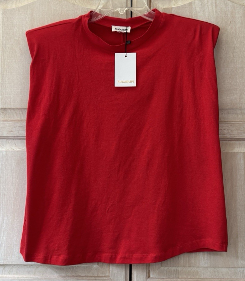 NWT SugarLips Red Cotton Ella London Muscle Tee Knit Top Shoulder Pads Size XS