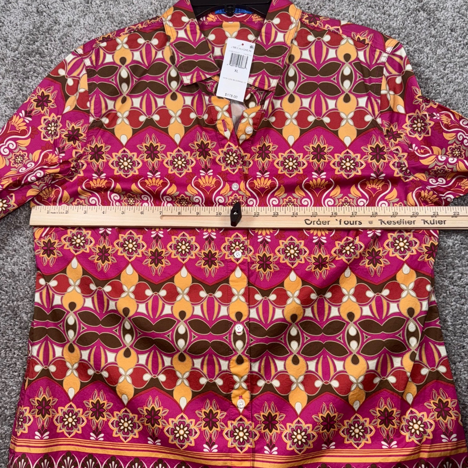 J. McLaughlin Lois Blouse Womens XL Pink Brown Geometric Stretch Sateen NEW