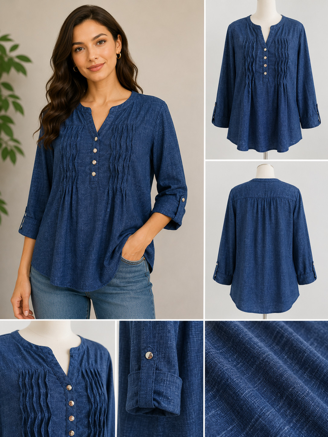 Cocomo Stretch Women’s Tunic Top Pintuck Pleats Roll Tab Sleeves Sz PM