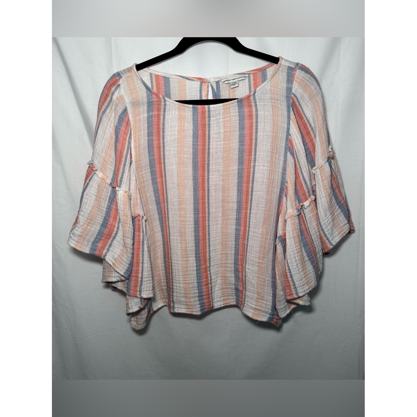 American Eagle Striped Cotton Gauze Angel Bell Sleeve Crop Top Blouse Boho M