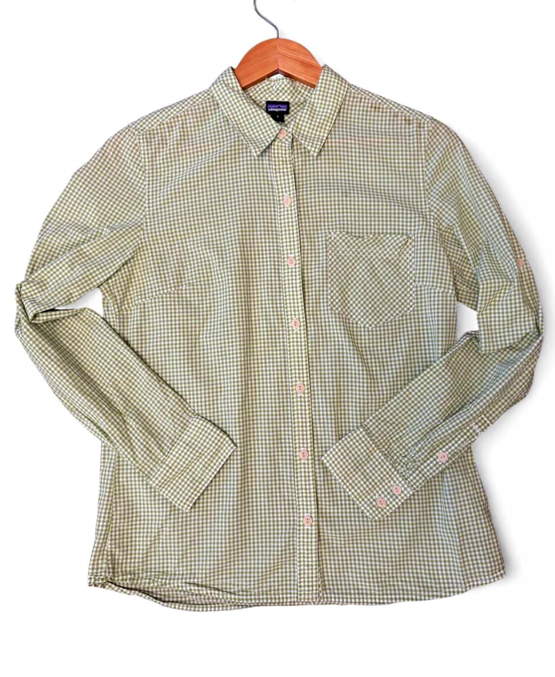 VTG Patagonia Womens 8 M Gorpcore Green Gingham Cotton Utility Shirt RollTab