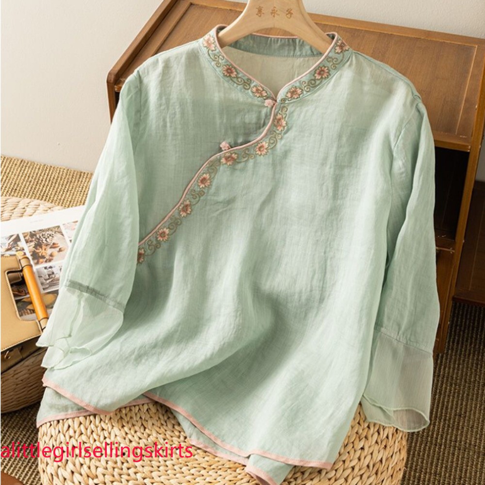 Women Embroidered Floral Top Chinese Ethnic Shirt Blouse Casual Loose Thin Chic
