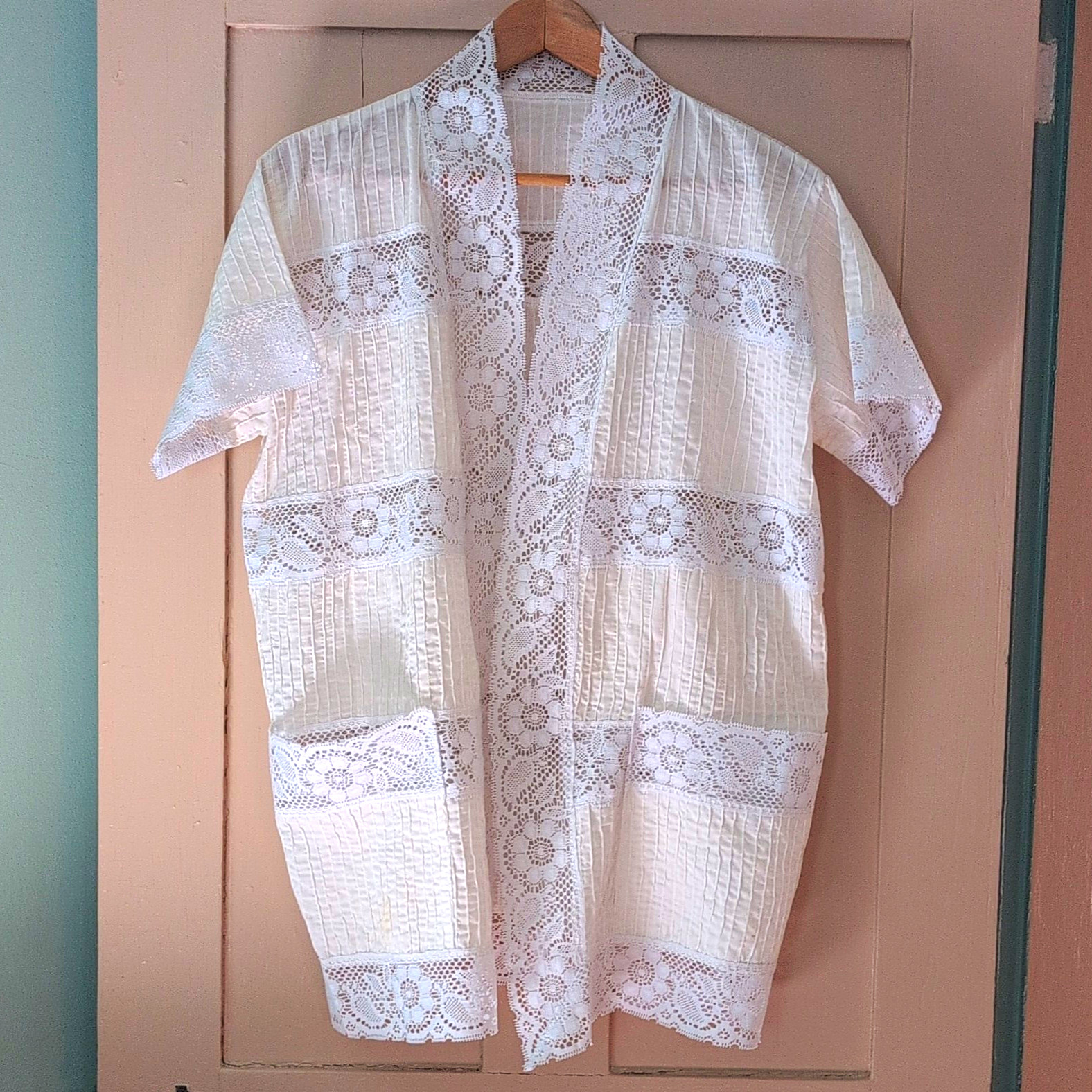 Vintage Boho Patchwork Lace Kimono Jacket White Crinkle Gauze Duster Cardigan M