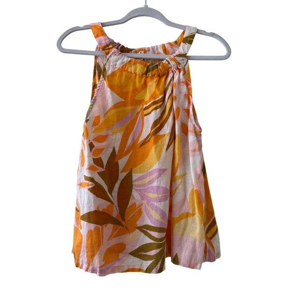C&C California Womens Floral Linen Tank Top S Orange Pink Sleeveless Lightweight