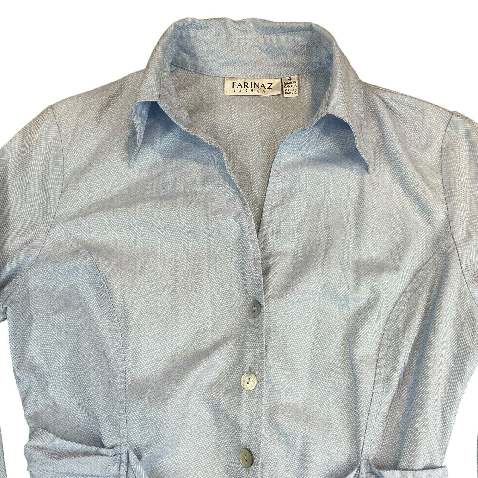 Farinaz Taghavi Blue Ruched Front Button Tie Blouse Women’s Size 4 Quiet Luxury