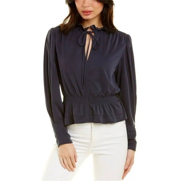 Rebecca Taylor navy blue sandwash cupro v-neck tie pullover ruffle peplum blouse