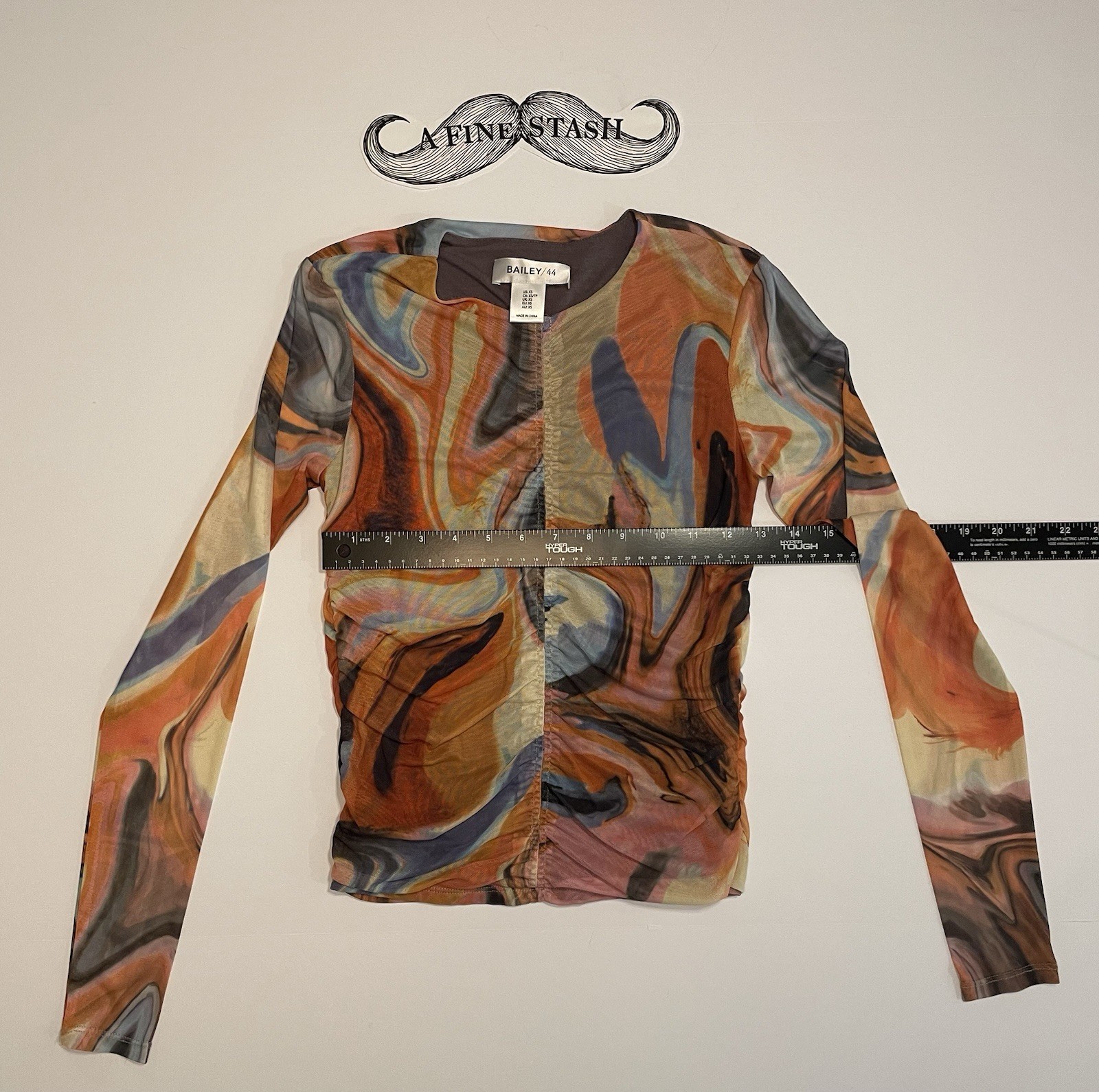 Bailey 44 Women’s Extra Small Mesh Top Abstract Marble Swirl Ruched Long Sleeve