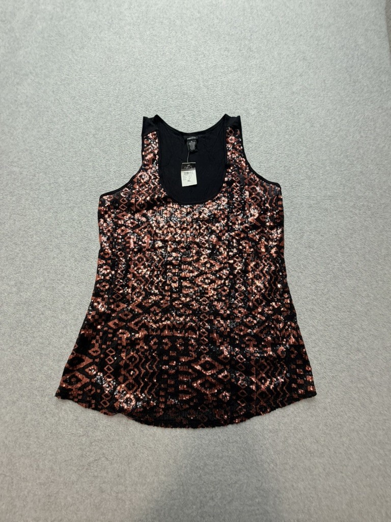 rue21 Womens Tank Top XL Black Rose Gold Sequin Geometric Pattern NWT