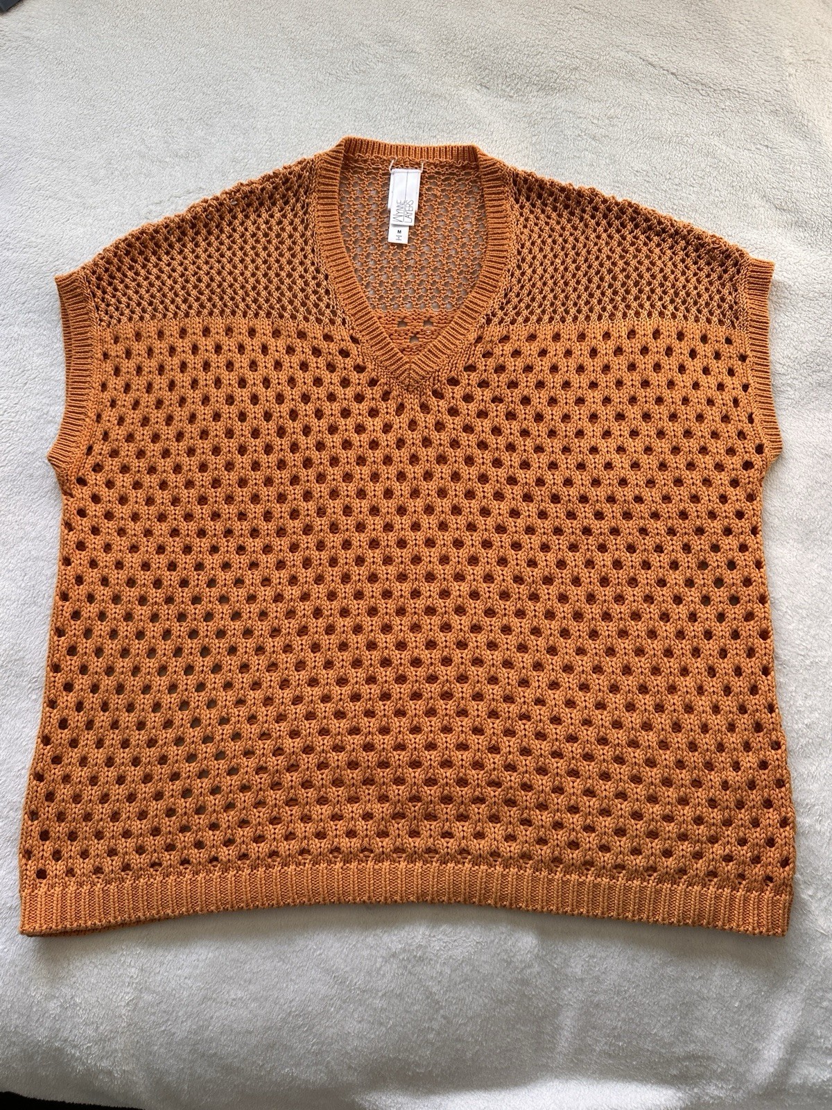 Wynne Layers Cap Sleeve Open Stitch V Neck Sweater Top In Marigold Size M