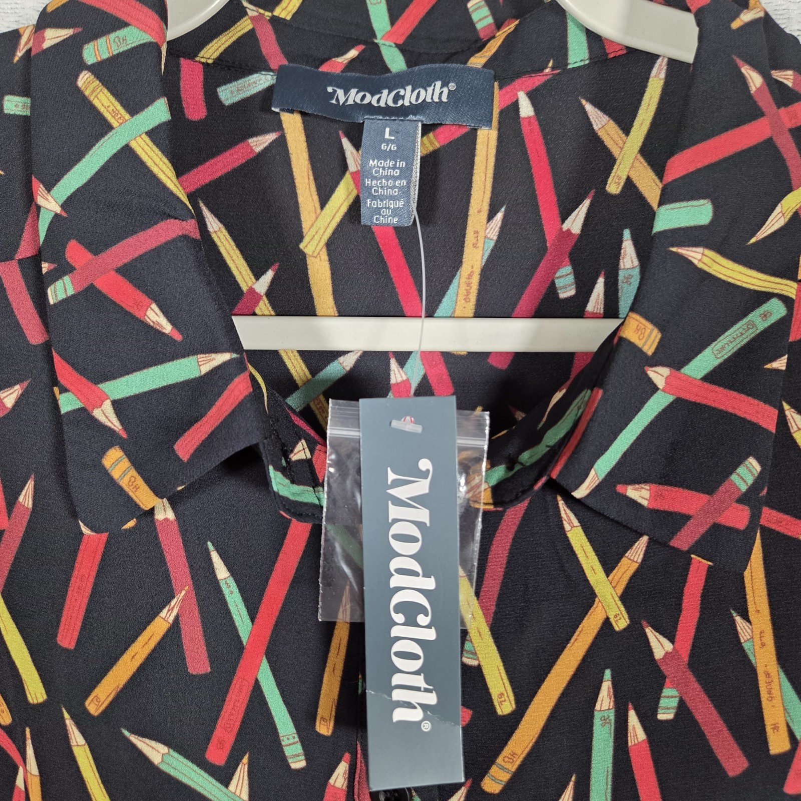 ModCloth Pencil Print Button Up Blouse Women’s L Black Long Sleeve Novelty Print