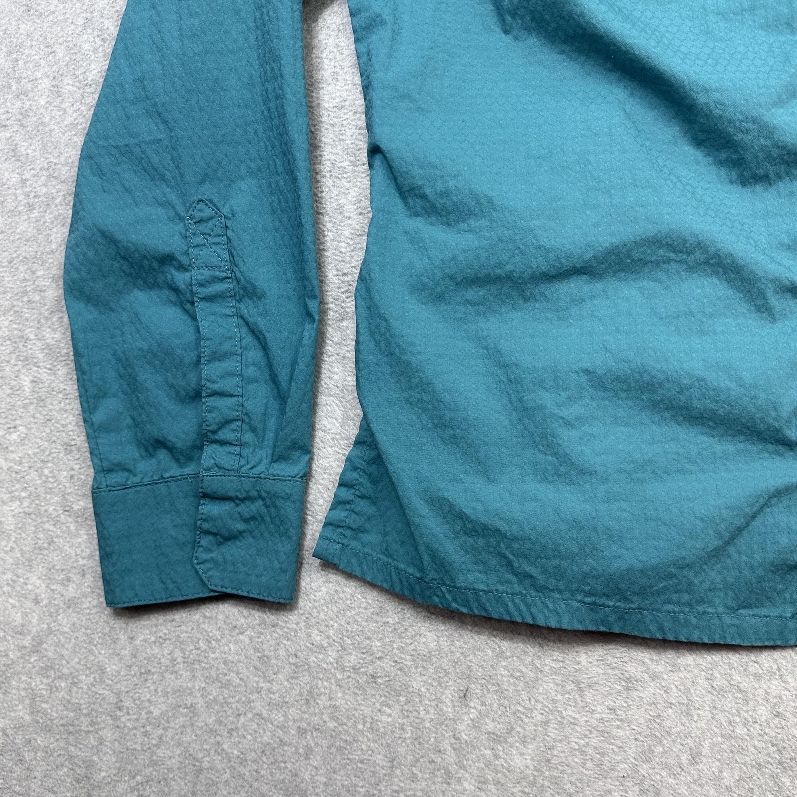 REI Shirt Womens Large Blue Green Long Sleeve Snap Front Hiking Outdoor UPF 30
