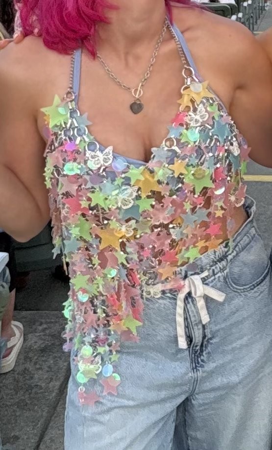 Glow Star Hilary Duff Inspired Top with Metal Opal Butterflies, Mermaid Sequins