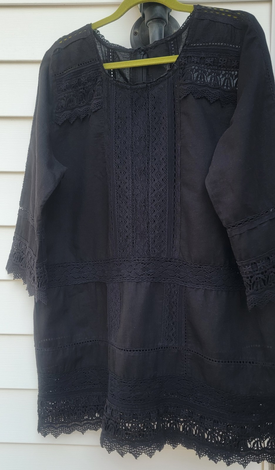 Peruvian Connection Victorian Tunic Top Black L / XL linen cotton lace $189