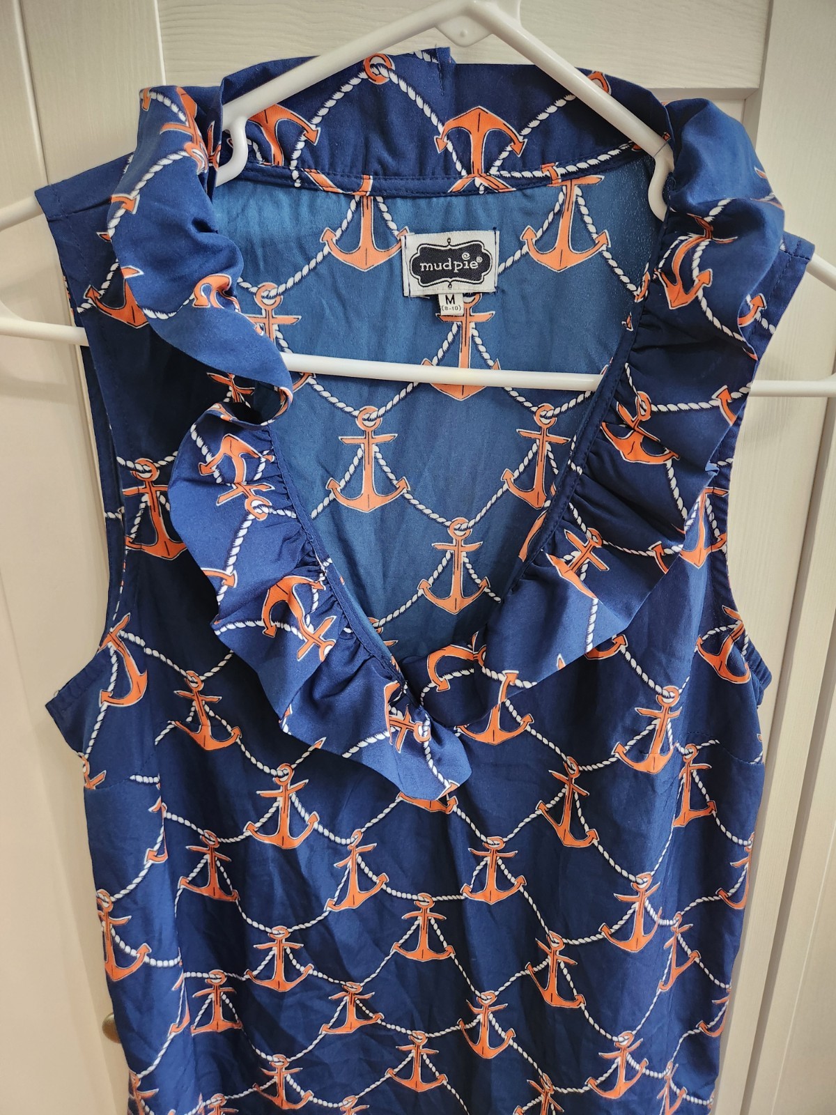 Mud Pie Navy Blue Orange Nautical Anchors Sleeveless Ruffle Top SZ M Resort Wear