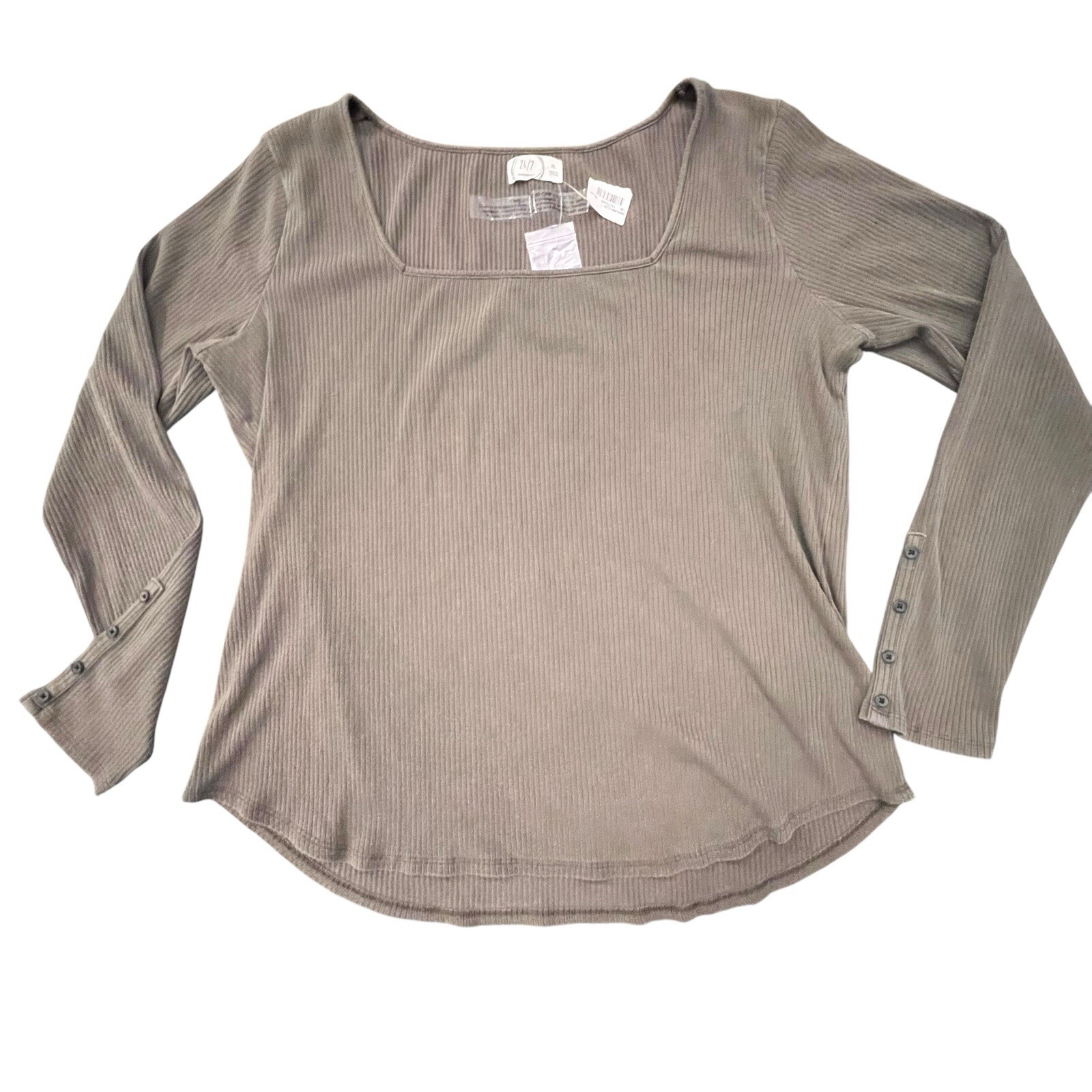 Women’s Dark Green Ribbed Knit Square Neck Top 4 Button Long Sleeves Size XL NWT