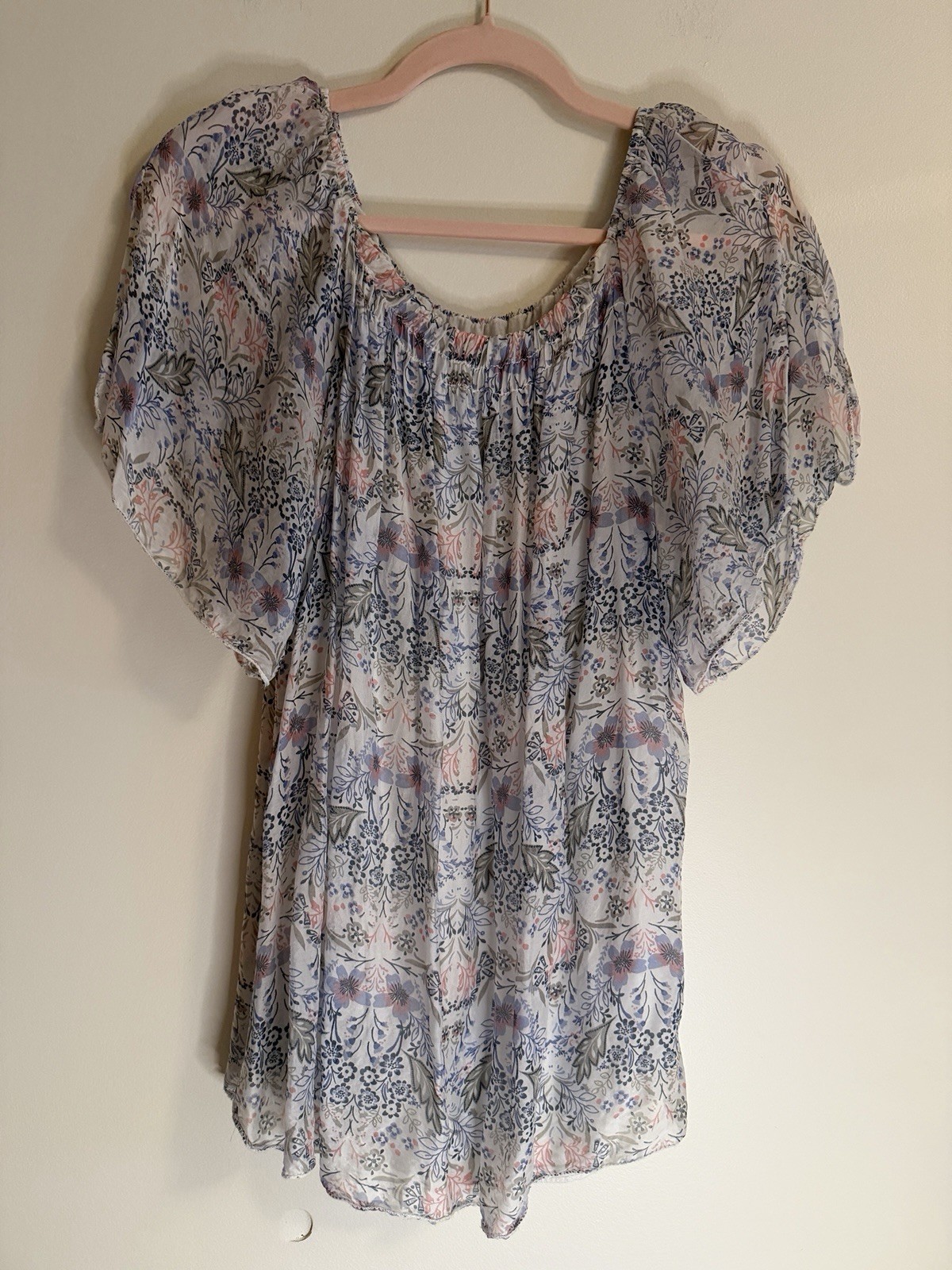 M Made in Italy Silk Blend Floral Blouse Women L Split Flutter Sleeve Top Boho
