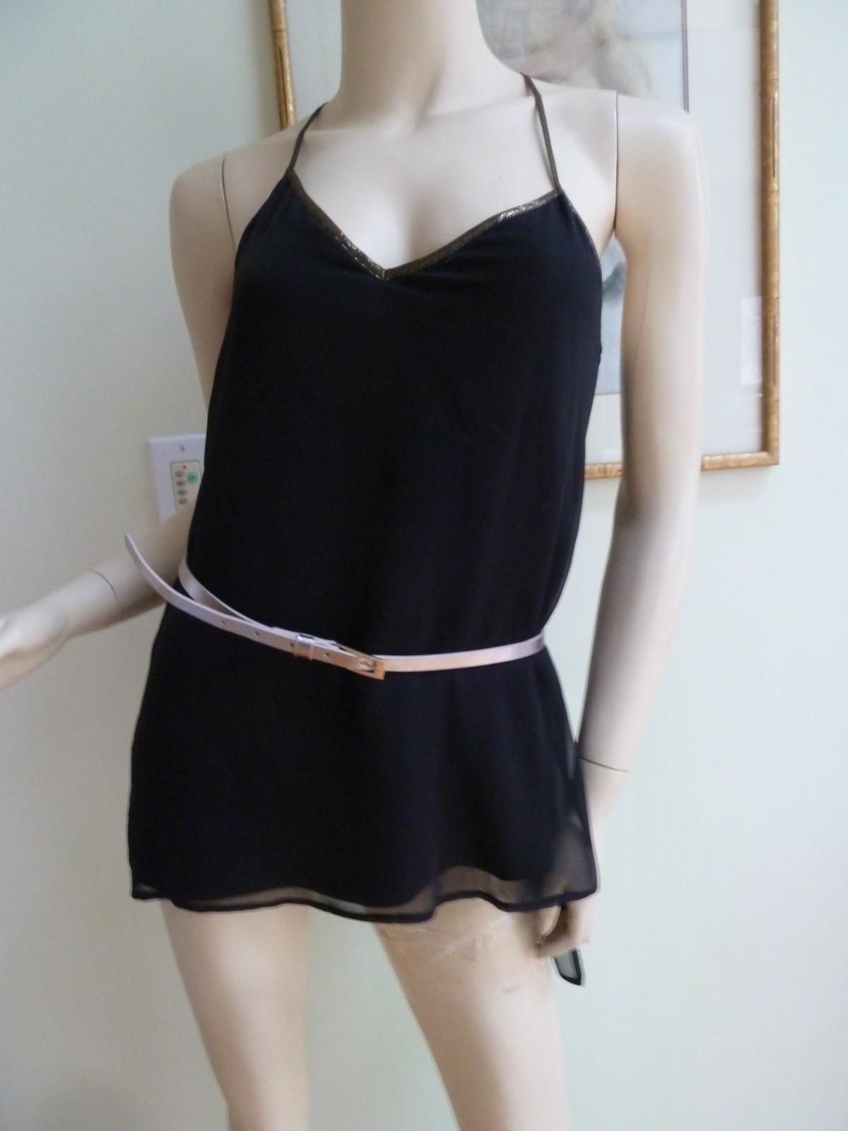 Ella Moss Tank Top Camisole Small All Silk Lined Asymmetric Black Metallic Trim
