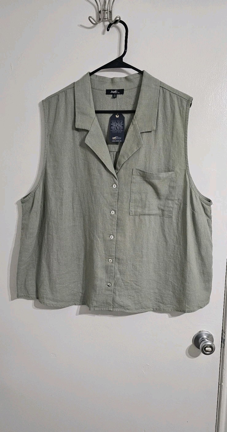 NWT Angels Forever Young Women’s Linen Blend Sleevless Top 2X Green Minimalist