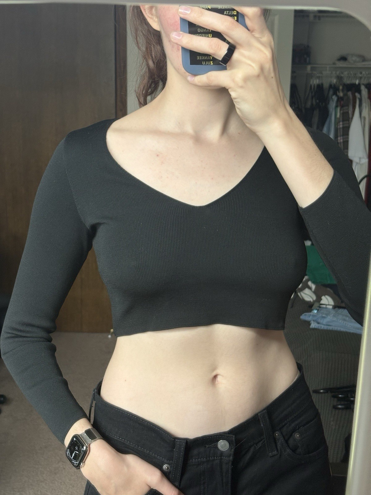Stradivarius Black Long Sleeve Crop Top XS – Ribbed V Neck Fitted Stretch Top