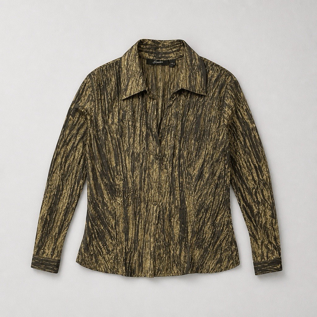 Essentials By Milano Green Metallic Pleated Blouse L