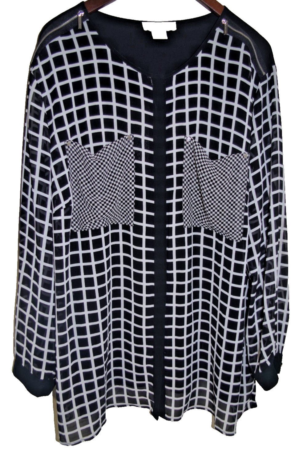 R10 Michael Kors Black White Windowpane Checks Blouse Plus 1X Chiffon Tunic Top