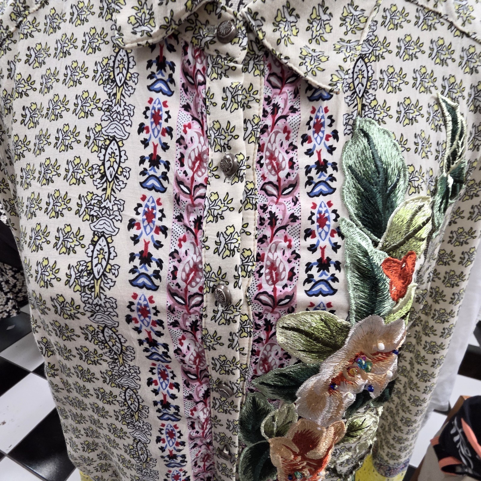 Arrata Silent Journey Yellow Floral Button Up Womens Embroidery Birds NWOT XL