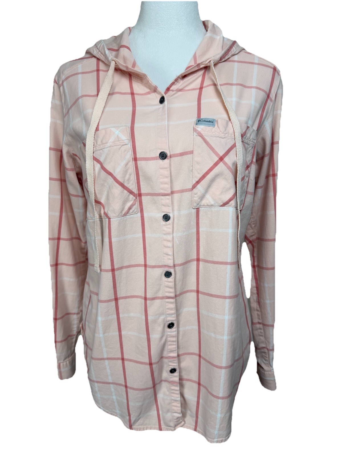 Columbia Women’s Button Up Hooded Shirt Pink Plaid Casual Lightweight Sz L