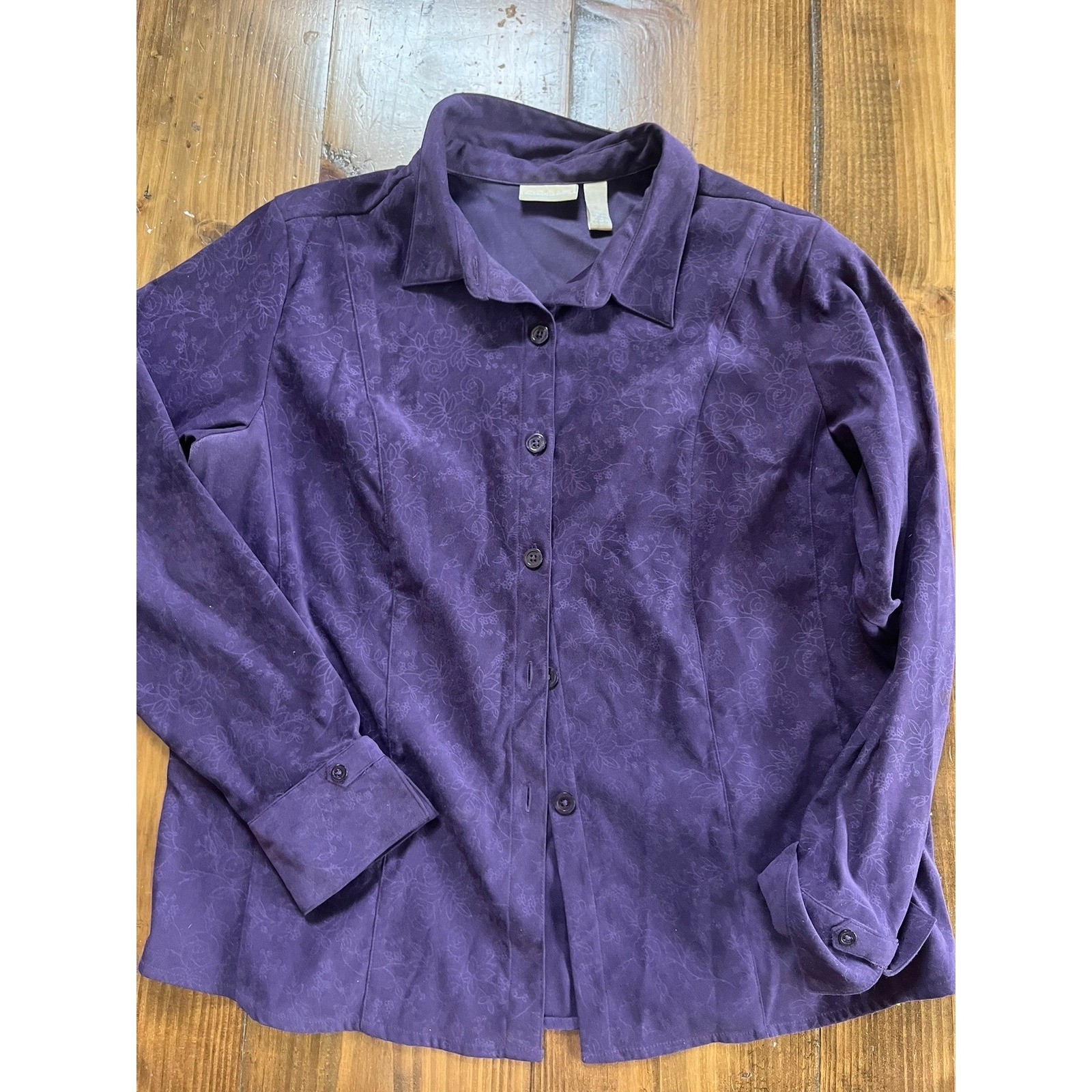 Cascade Blue Purple Floral Damask Button Down Shirt Long Sleeve Blouse XL