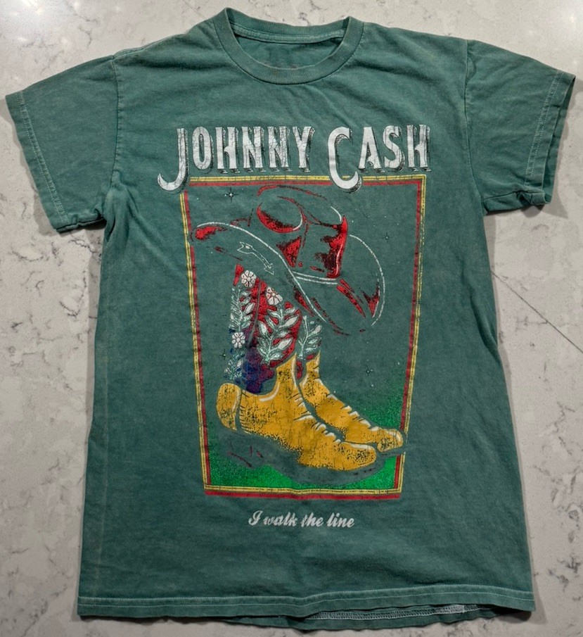 Johnny Cash T-Shirt Womens Small Green Official Licensed Cowboy Hat Boots Logo