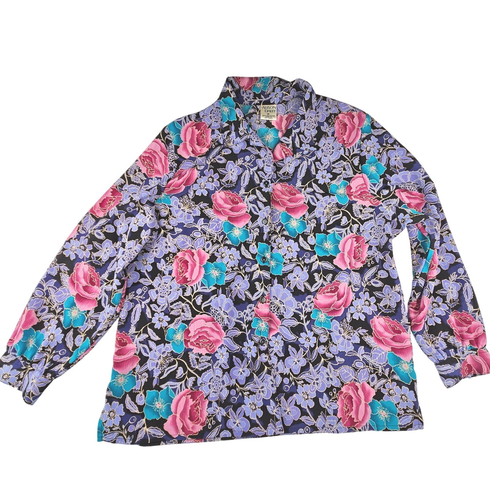 Allison Daley Vintage 80s 90s Floral Button Up Blouse Purple Pink Teal Plus 18