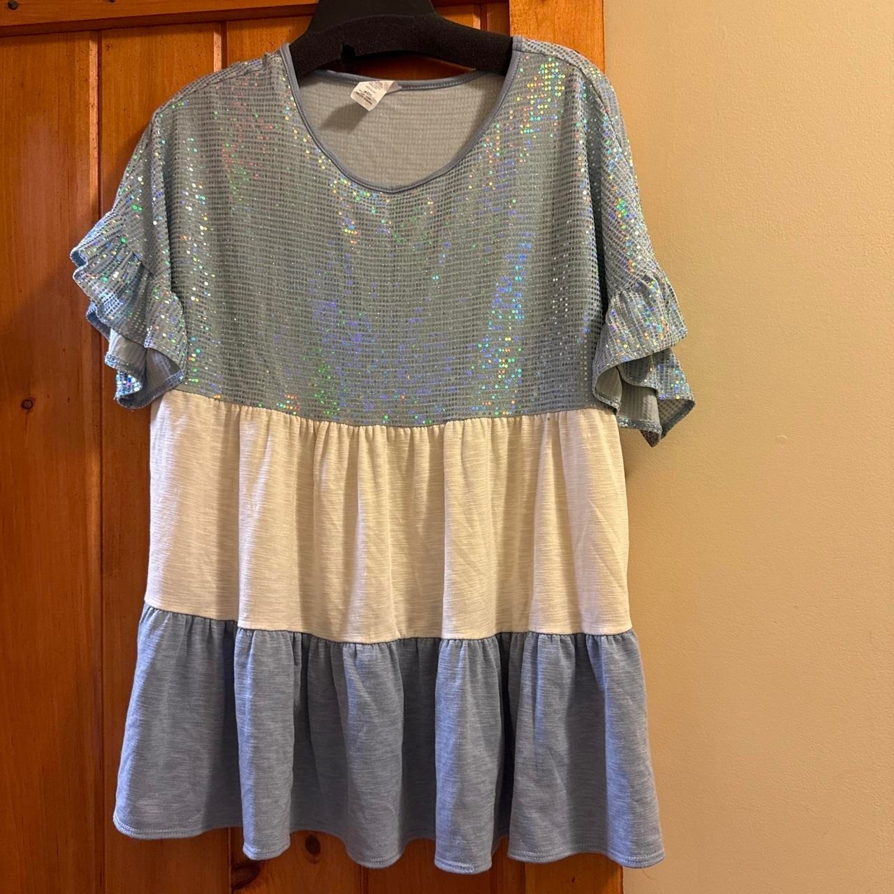 Curvy Boutique Blue & white sequin top with ruffles