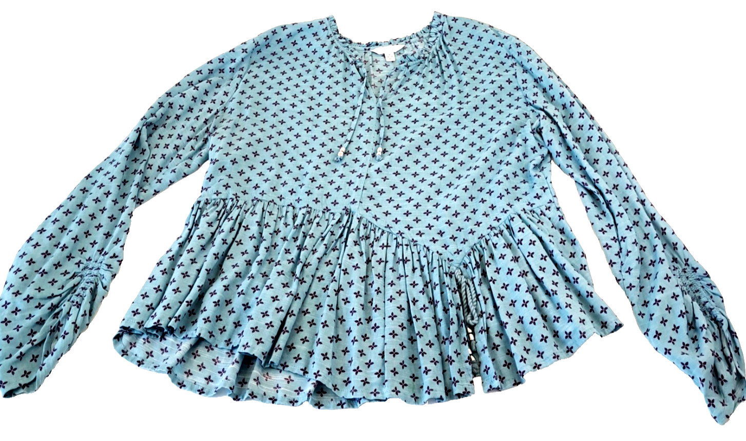 Peasant Top Women’s M Tassles Flared Cinched Sleeves Blue Geometric Cottage