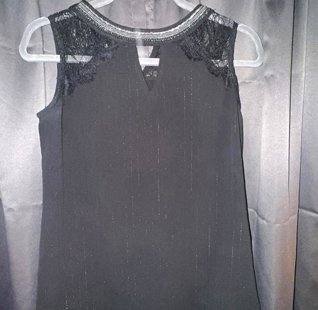 Maurices Black Solid Round Neck Sleeveless Lace Yoke Zip Back Blouse Top S